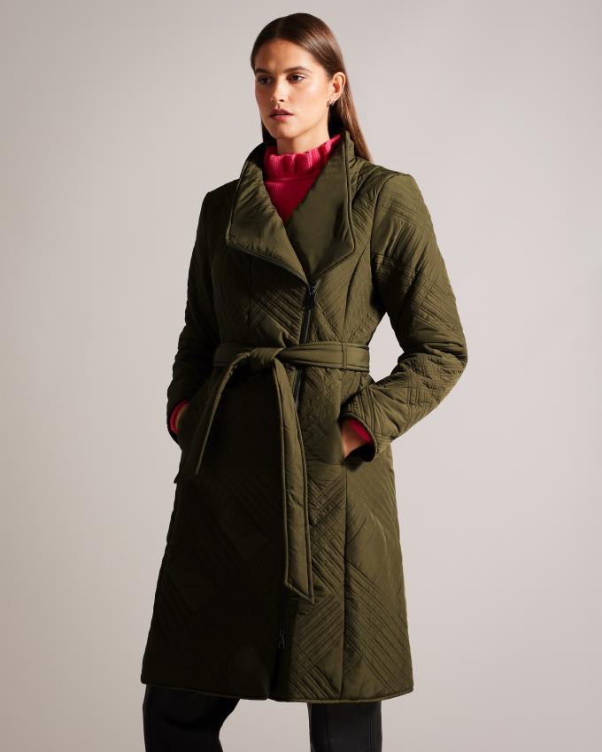 Manteau Ted Baker Midi Quilted Wrap With High Collar Kaki Femme | QFB-14219078